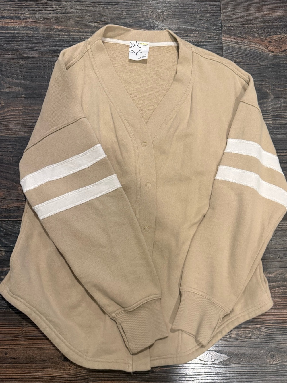 aerie Beige Button-Front V‑Neck Sweatshirt with White Sleeve Stripes